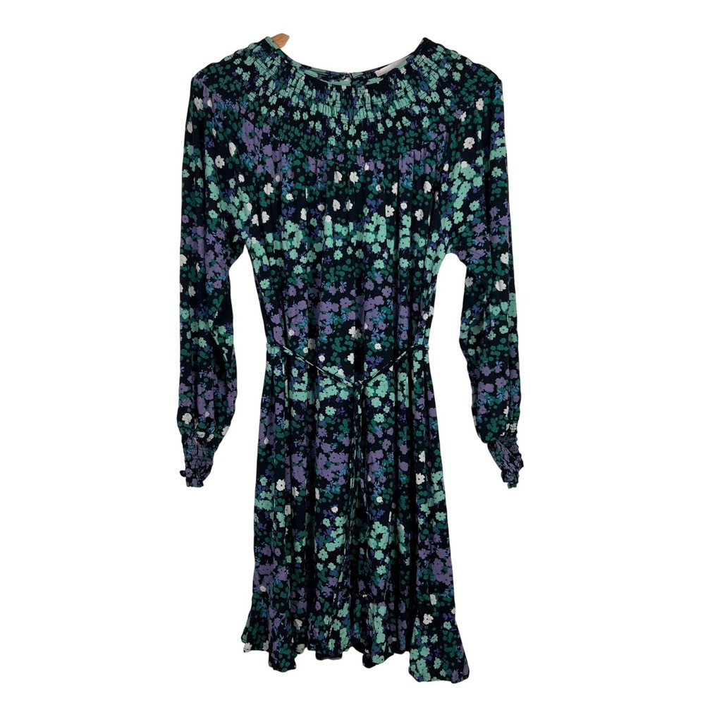 LOFT Women's Floral Smocked Neck Long Sleeve Belted Dress Size Medium